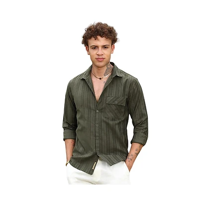 Campus Sutra Men's Fern Green Multitrack-Striped Shirt