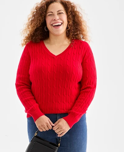 Style & Co Plus Cotton Cable-Knit V-Neck Sweater, Created for Macy's