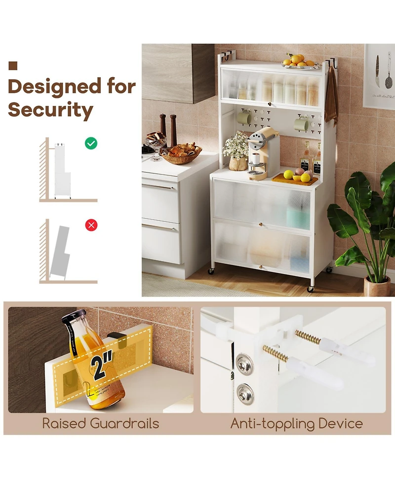 Slickblue 5 Tier Kitchen Bakers Rack with Lights Multifunctional Microwave Stand with Flip Door Cabinets