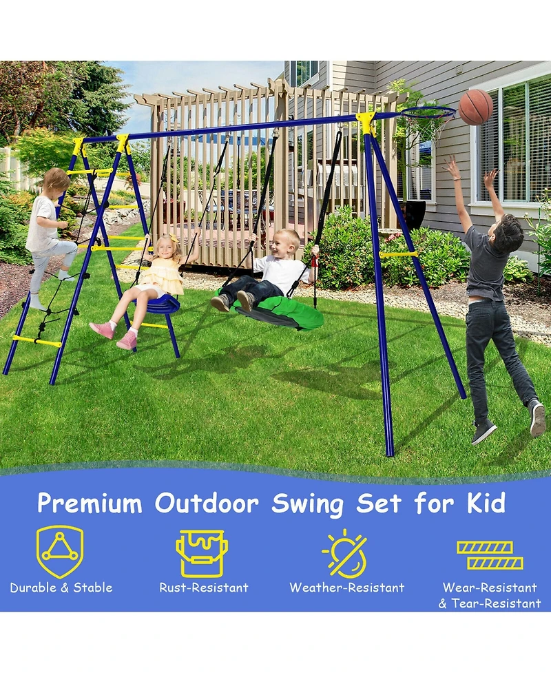 Gymax Boys 5-In-1 Swing Set for Outdoor W/ Heavy Duty Frame Basketball Hoop & Climbing Ladder