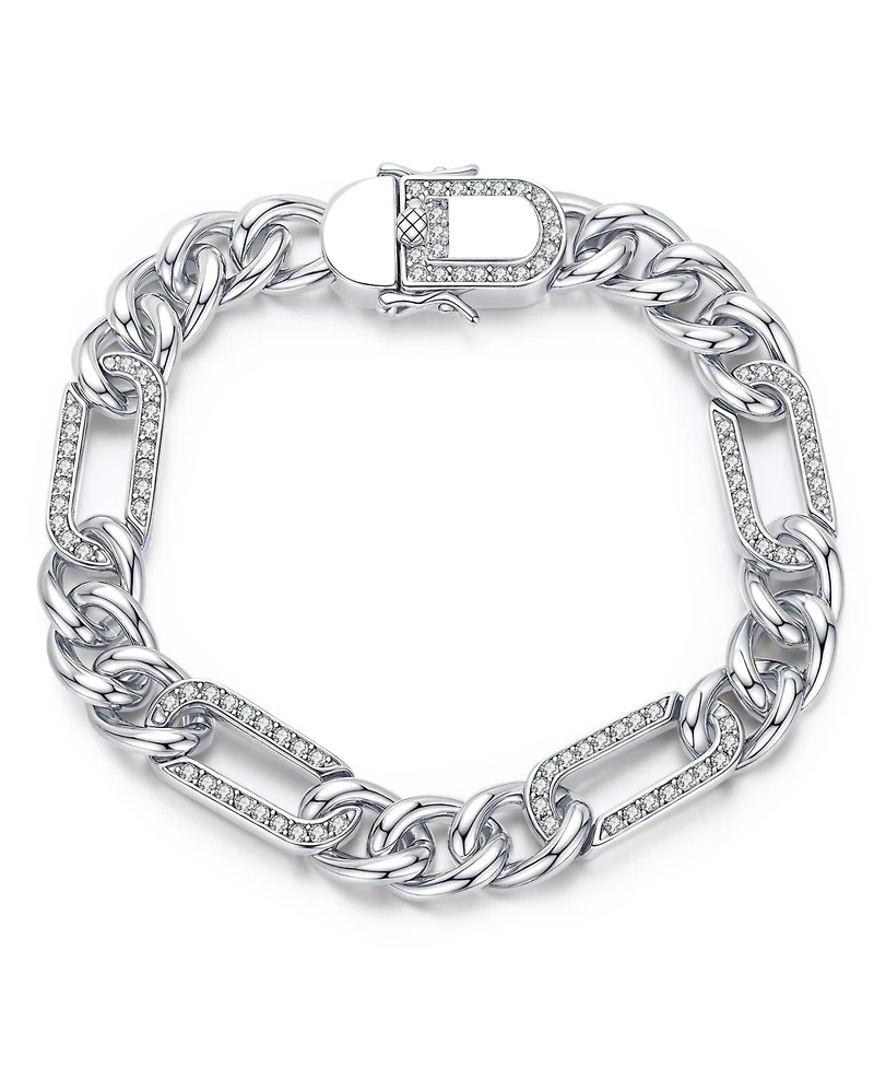 Men's Sterling Silver White Gold Plated with Iced Out Cubic Zirconia Paper Clip Curb Chain Bracelet