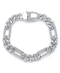 Men's Sterling Silver White Gold Plated with Iced Out Cubic Zirconia Paper Clip Curb Chain Bracelet