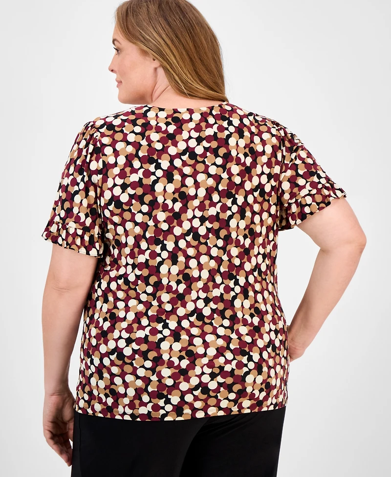 Ak Anne Klein Plus Dot-Print Short-Sleeve Button-Up Top