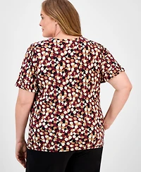 Ak Anne Klein Plus Dot-Print Short-Sleeve Button-Up Top