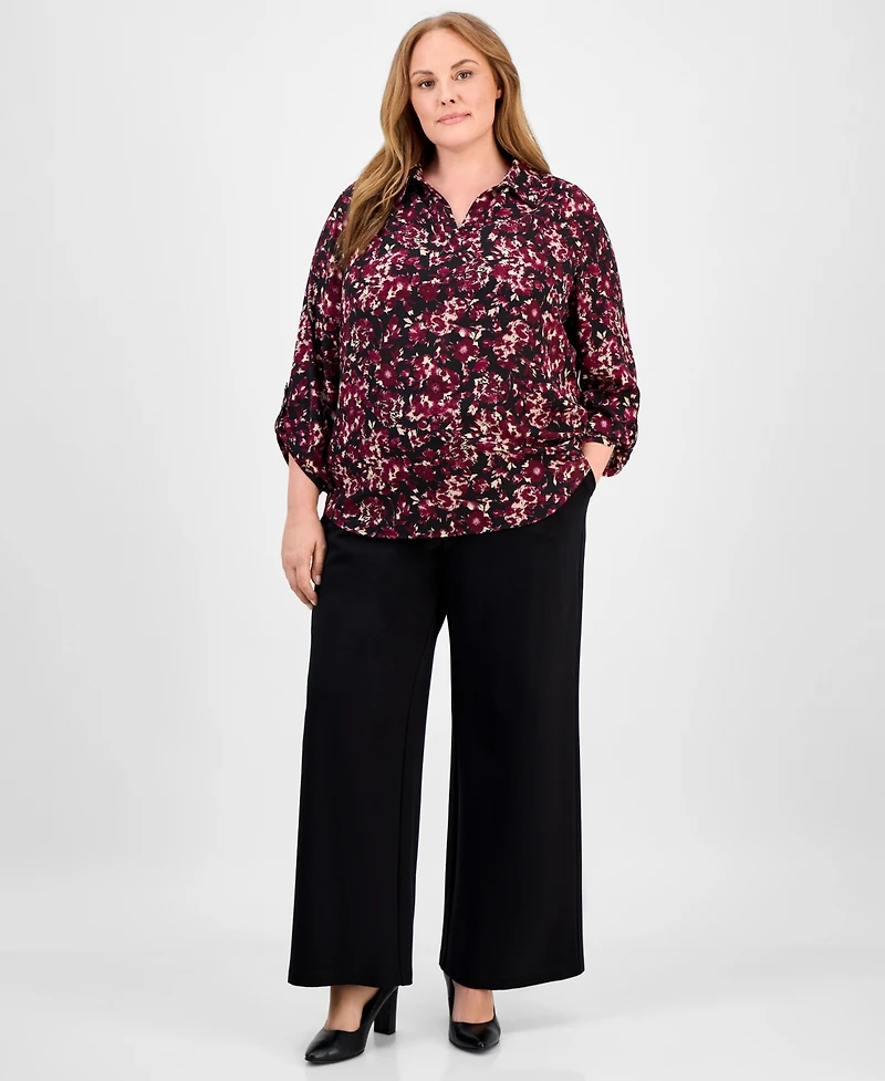 Ak Anne Klein Plus Floral-Print 3/4-Sleeve Top