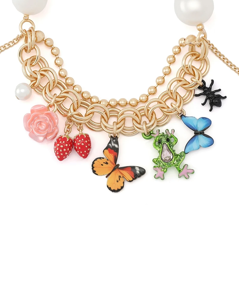 Betsey Johnson Faux Stone Backyard Butterfly Mixed Charm Pearl Stretch Bracelet