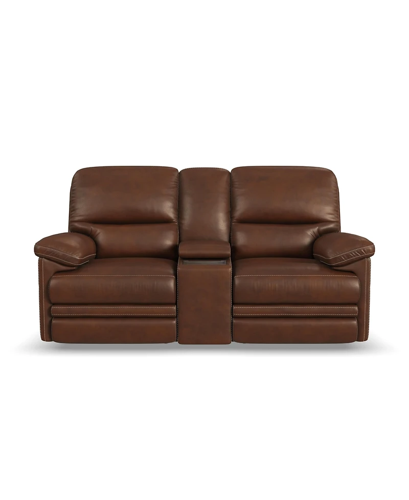 Flexsteel David 78" Pecan Leather Power Reclining Loveseat with Console