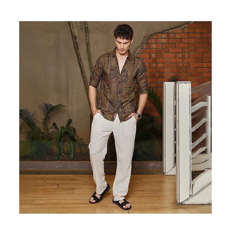 Campus Sutra Men's Peanut Brown Aztec-Imprint Shirt