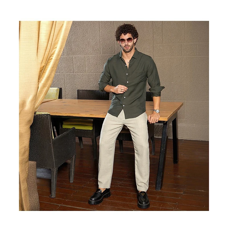 Campus Sutra Men's Olive Green Breezy Wrinked Relaxed Shirt