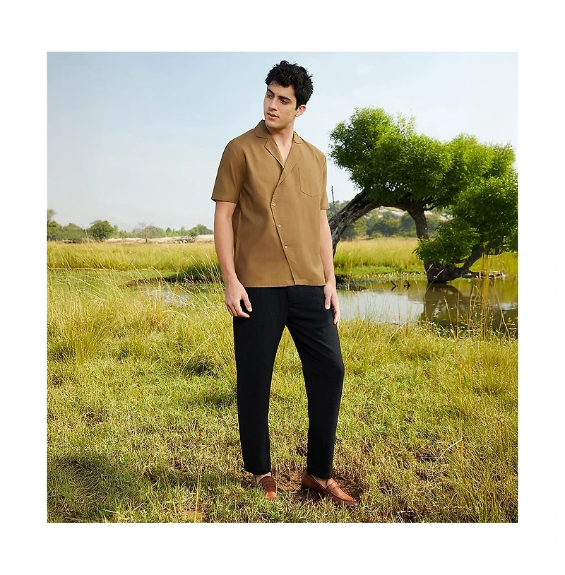 Campus Sutra Men's Camel Brown Asymmetrical Cuban Shirt