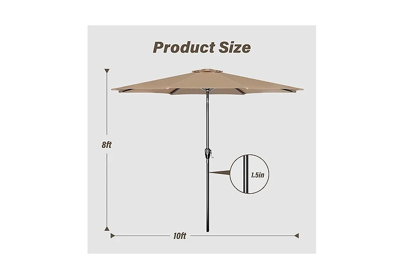 Flynama One 10ft Outdoor Market Patio Umbrella with 8 Sturdy Ribs, Tilt/Crank Push Button for Garden, Deck