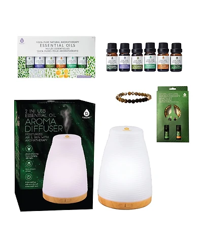 Pursonic Essential Oils Wellness Bundle – Includes Lava Stone Bracelet, 2-in-1 Usb Diffuser, and 6-Pack of 100% Pure Aromatherapy Oils