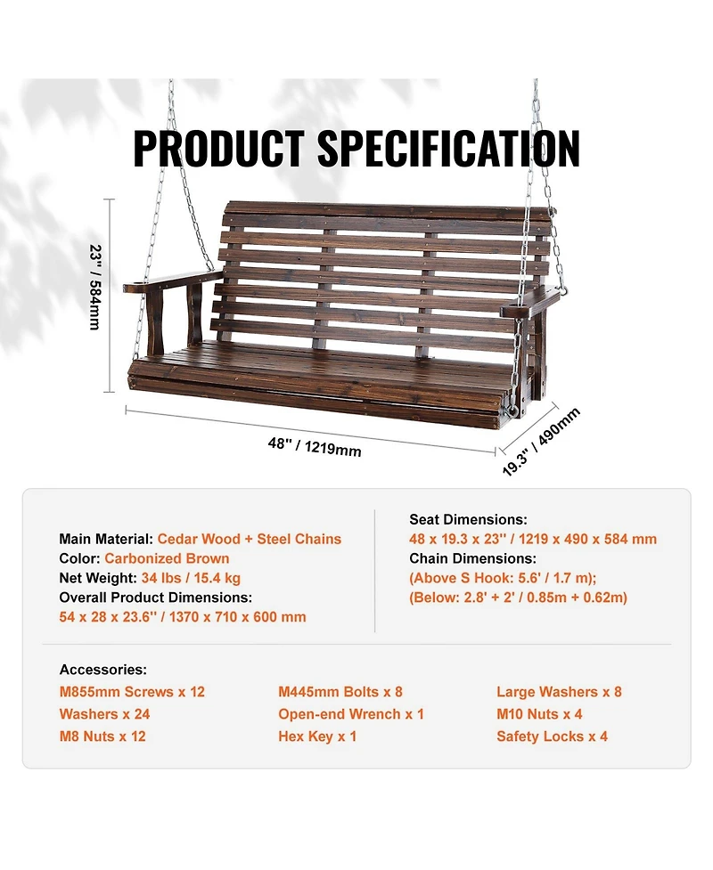 Slickblue Wooden Patio Porch Swing Bench with Hanging Chains Strong Load Capacity for Garden