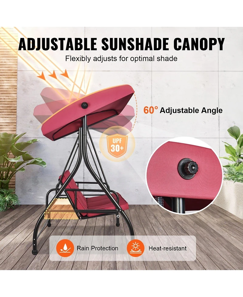 Slickblue 3-Seat Patio Swing Chair with Adjustable Canopy Removable Cushion and Steel Frame