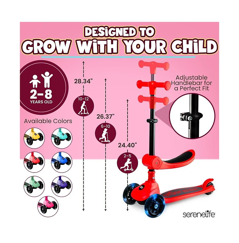 3-Wheel Foldable Kids Scooter - Child Toy Scooter with Built-in Led Wheel Lights, Foldable Seat, and Easy Maneuvering Lean-to-Steer Technology (Red)