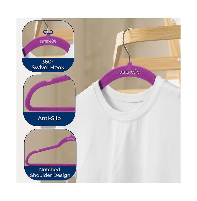 SereneLife 100 Pack Velvet Hangers - Non-Slip Felt with 360° Swivel Hook, Space-Saving, Ultra-Thin, Lightweight for Shirts