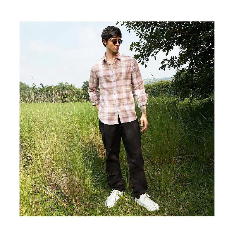Campus Sutra Men's Venetian Red & Coin Grey Vignette-Checkered Oversized Shirt