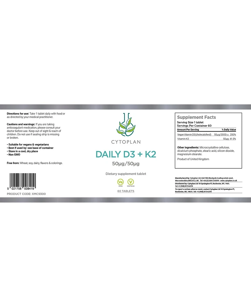 Cytoplan Daily Vitamin D3 & K2 60 (caps) Usa