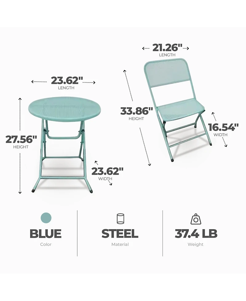 Four Seasons Courtyard Padova Foldable 3 Piece Steel Bistro Dining Set, Blue