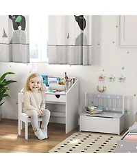 Qaba Kids Desk with Chair Set and Toddler Toy Box Storage Bench for Bedroom