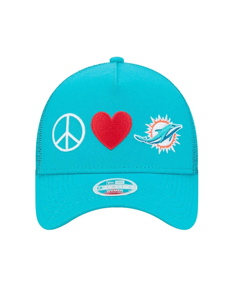 New Era Women's Aqua Miami Dolphins Peace Love Trucker 9FORTY Adjustable Hat