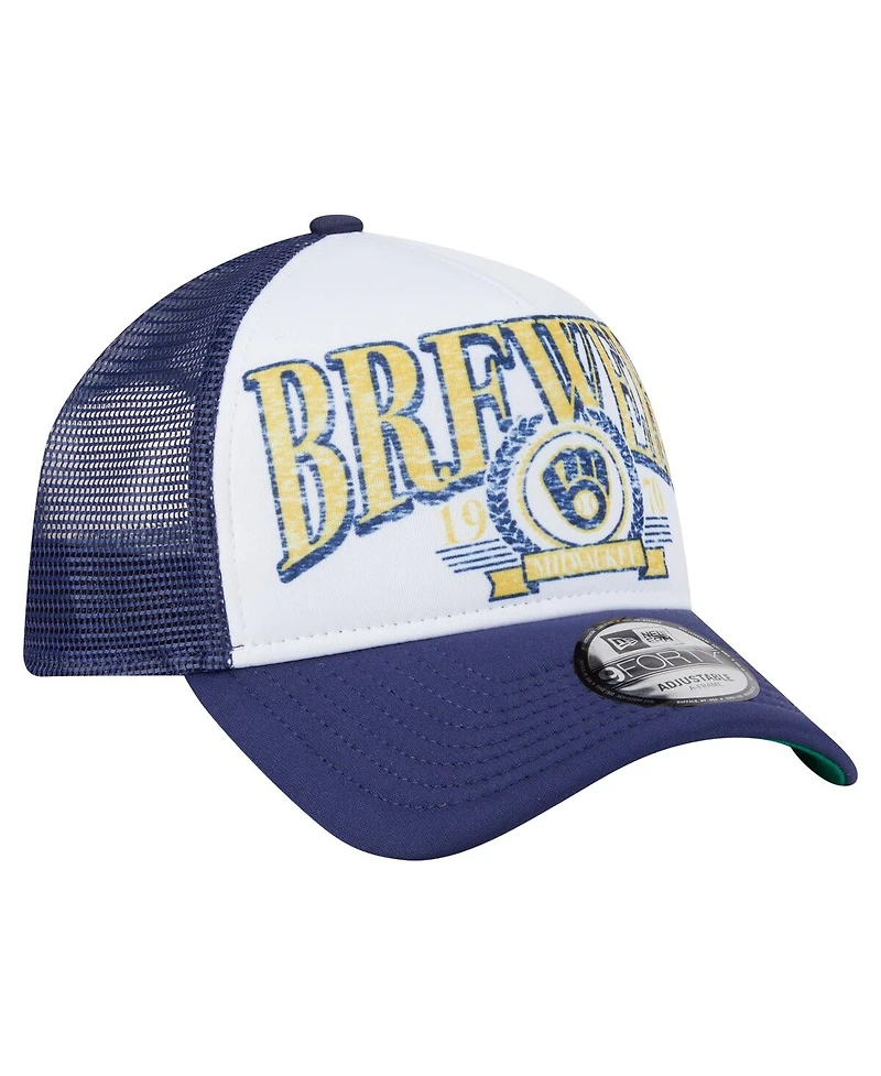 New Era Men's White Milwaukee Brewers Distressed 9FORTY A-Frame Adjustable Trucker Hat