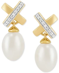 2-Pc. Set Cultured Freshwater Pearl (6 & 8mm) and Diamond Accent X Pendant Necklace & Matching Drop Earrings in 14k Gold-Plated Sterling Silver