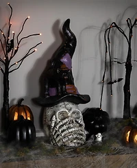 Northlight 22.75" Skull in Witch Hat with Cat Halloween Decoration