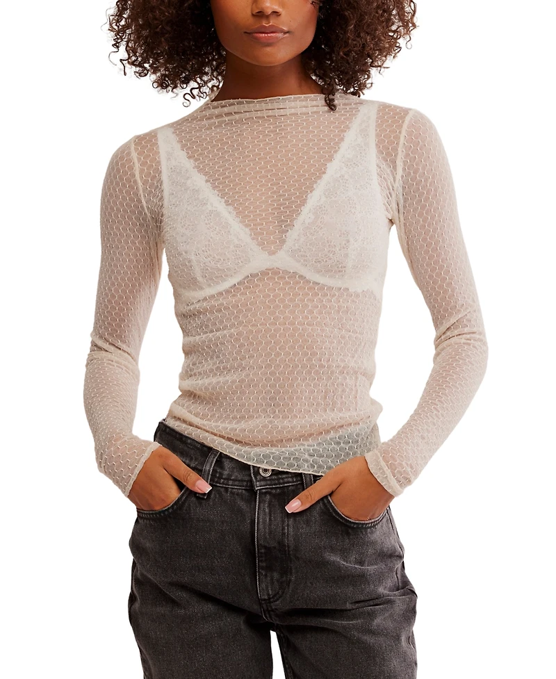 Free People Women's Patterned Mesh Mock Neck Top