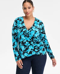 I.n.c. International Concepts Plus Printed Long-Sleeve Surplice-Neck Top, Macy's Exclusive