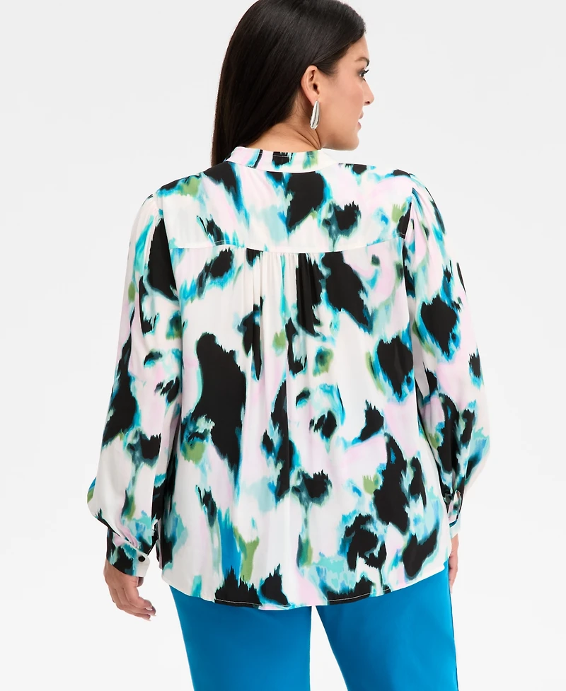I.n.c. International Concepts Plus Printed Pleated V-Neck Blouse, Macy's Exclusive