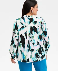 I.n.c. International Concepts Plus Printed Pleated V-Neck Blouse, Macy's Exclusive