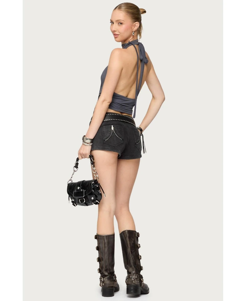 Edikted Womens Syra Zipper Low Rise Denim Shorts