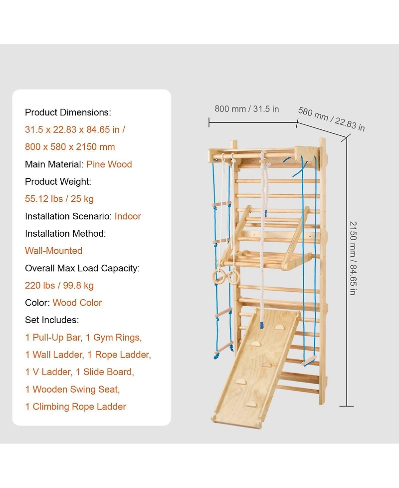 Slickblue Toddler 8 in 1 Wooden Indoor Wall Gym Swedish Ladder Set with Climbing Toys