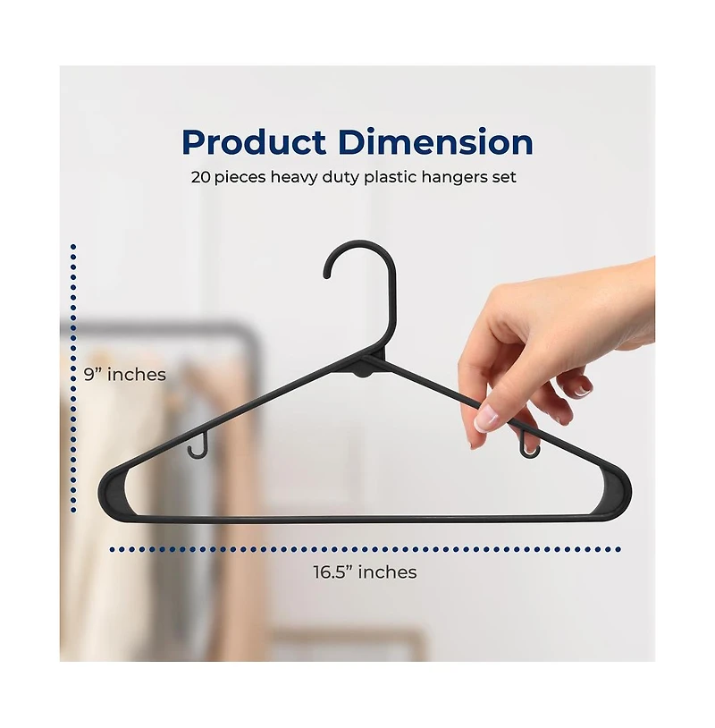 SereneLife 20 Pcs. Plastic Hangers - Non-Slip, Sturdy, and Heavy Duty Coat Set with 360° Swivel Hook for Clothes (Black)
