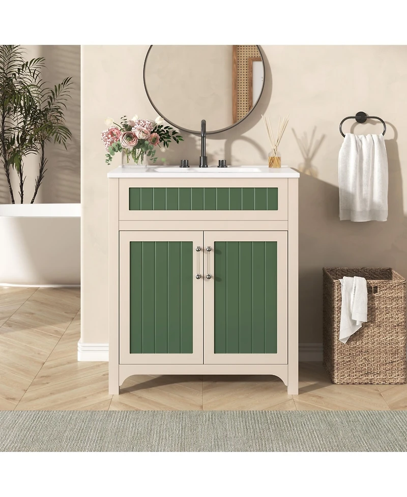 Casainc 30" Vanity Cabinet with Ceramic Sink, Solid Wood Frame, Adjustable Shelf
