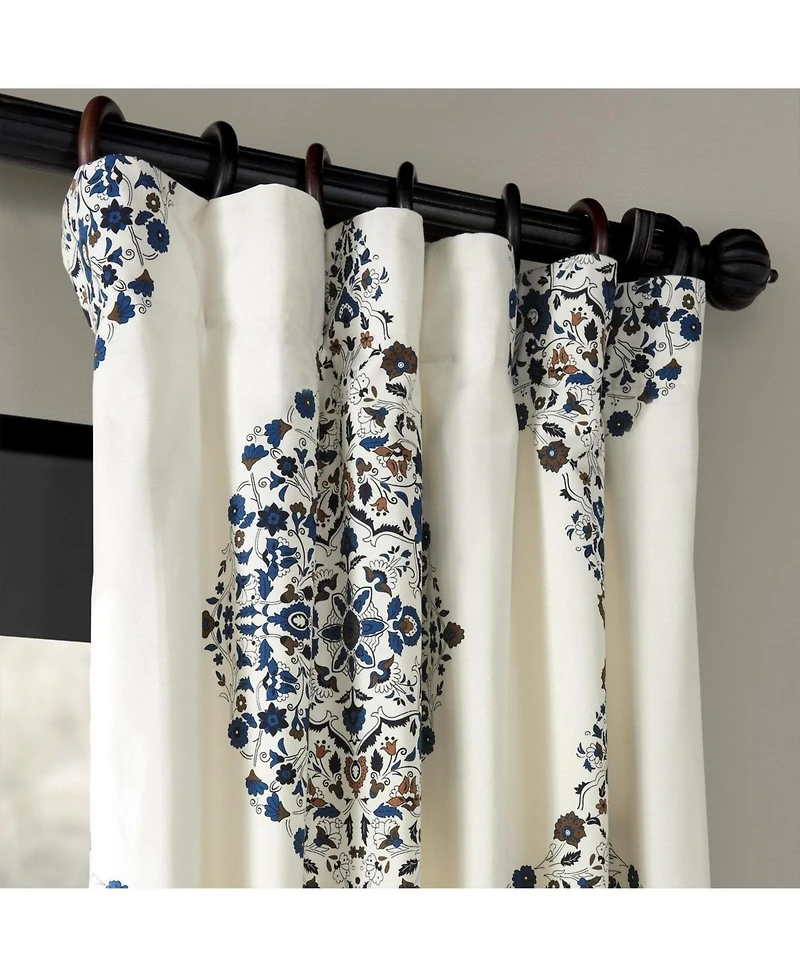Half Price Drapes Kerala Blue Emblem Printed Cotton Room Darkening Curtain
