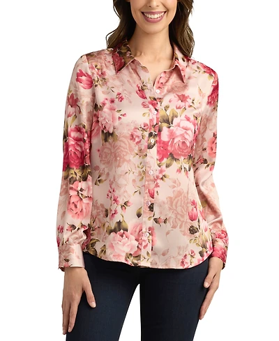 Bcx Juniors' Printed Stretch Satin Button-Front Top