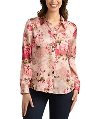 Bcx Juniors' Printed Stretch Satin Button-Front Top