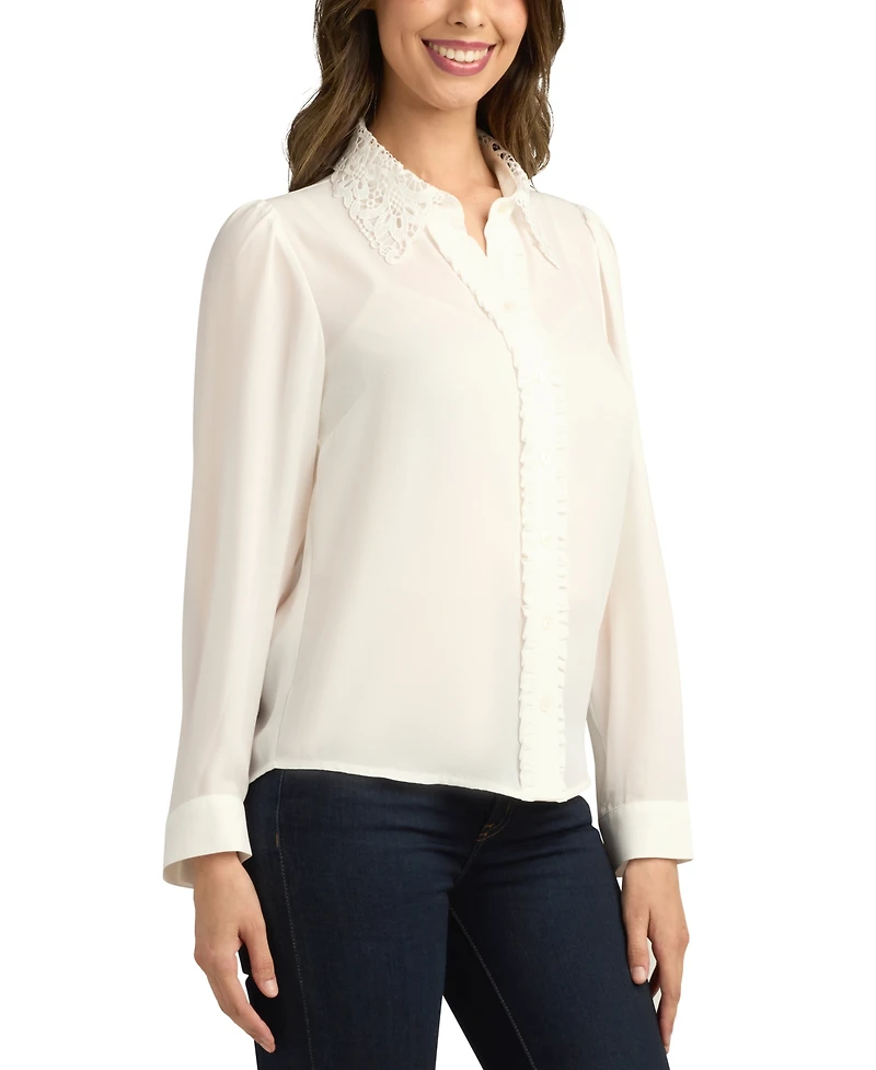 Bcx Juniors' Solid Lace-Collar Button-Front Blouse