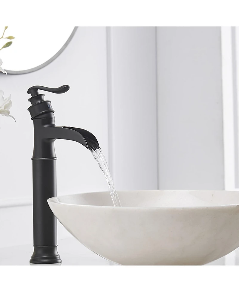 Waterfall Single Hole Single Handle Bathroom Vessel Sink Faucet With Pop Up Drain In Matte Black