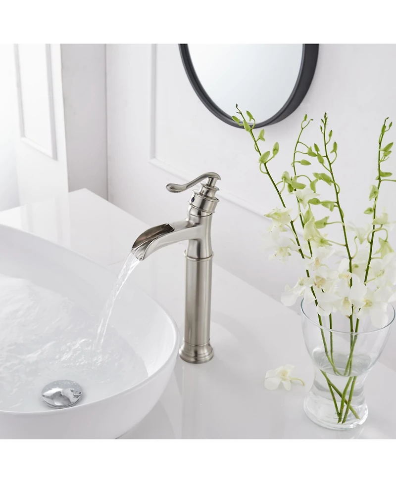 Waterfall Single Hole Handle Bathroom Vessel Sink Faucet With Pop Up Drain Matte Black