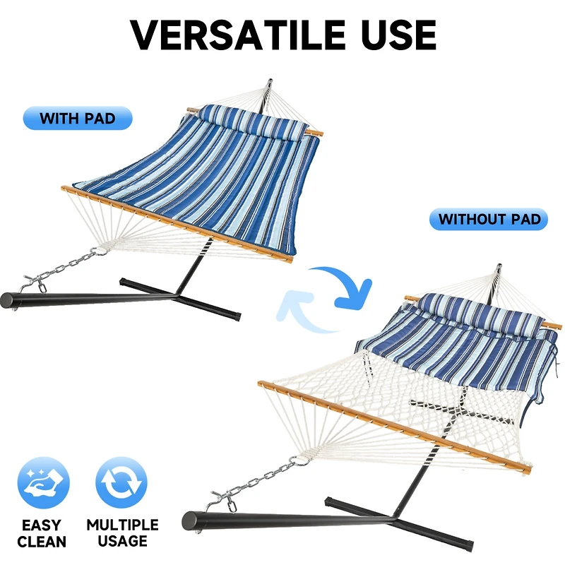 Double Hammock with Stand, 2 Person Cotton Rope Hammock with Removable Polyester Pad