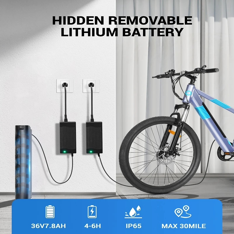 Everyfun 350W Electric Bike 26" Electric Mountain Bike for Adults, 36V Built-in Hidden Removable Battery with Shimano 7 Speed City Commuter Bike
