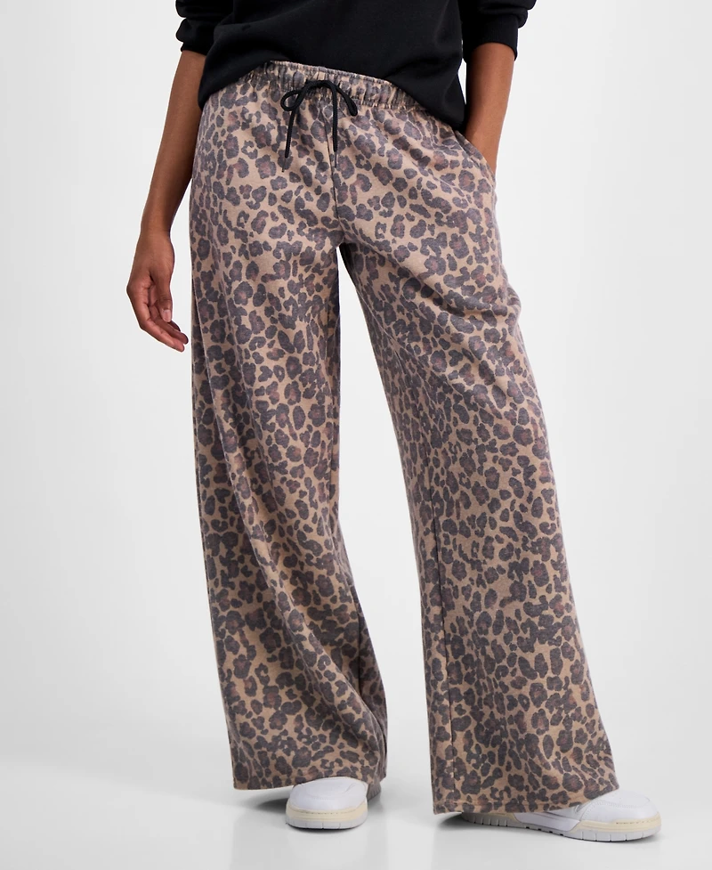 Madden Girl Juniors' Wide-Leg Leopard-Print Sweatpants