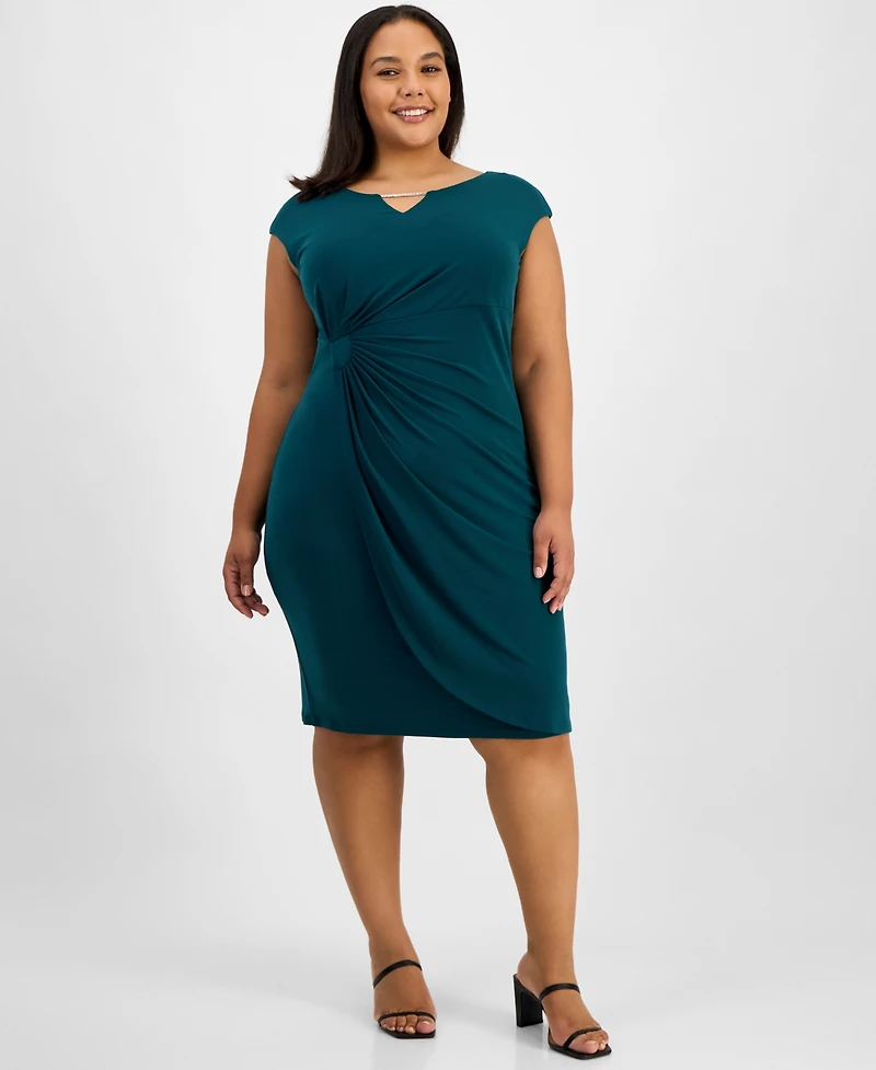 Connected Plus Faux-Wrap Sleeveless Sheath Dress