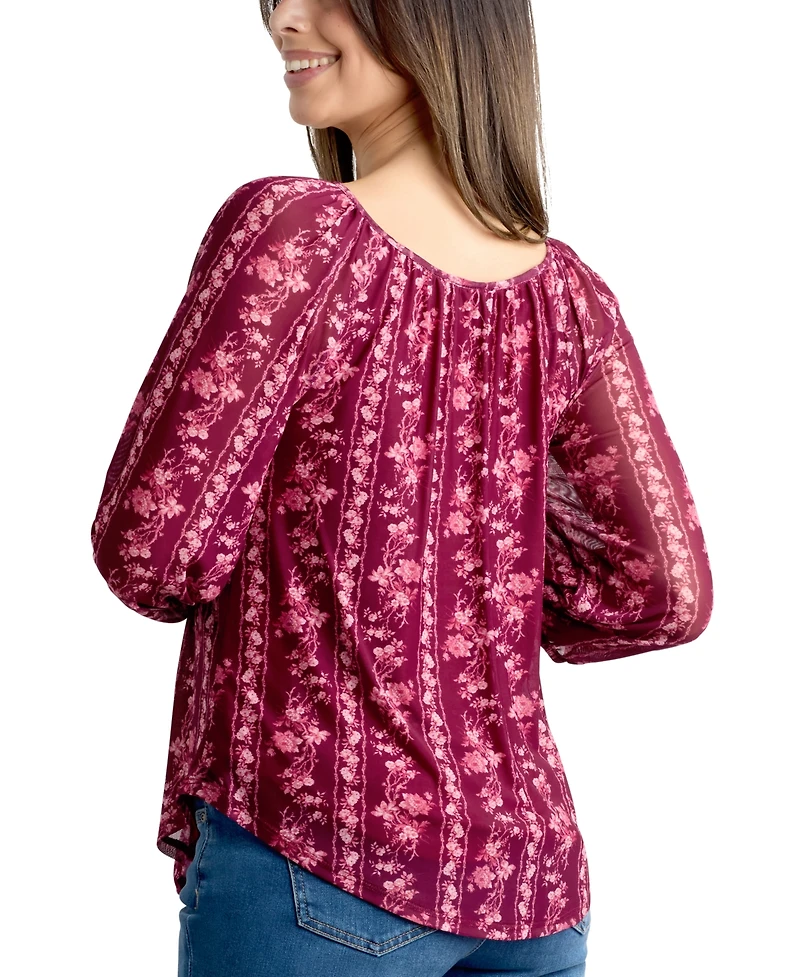 Bcx Juniors' 3/4-Sleeve Printed Mesh Peasant Top