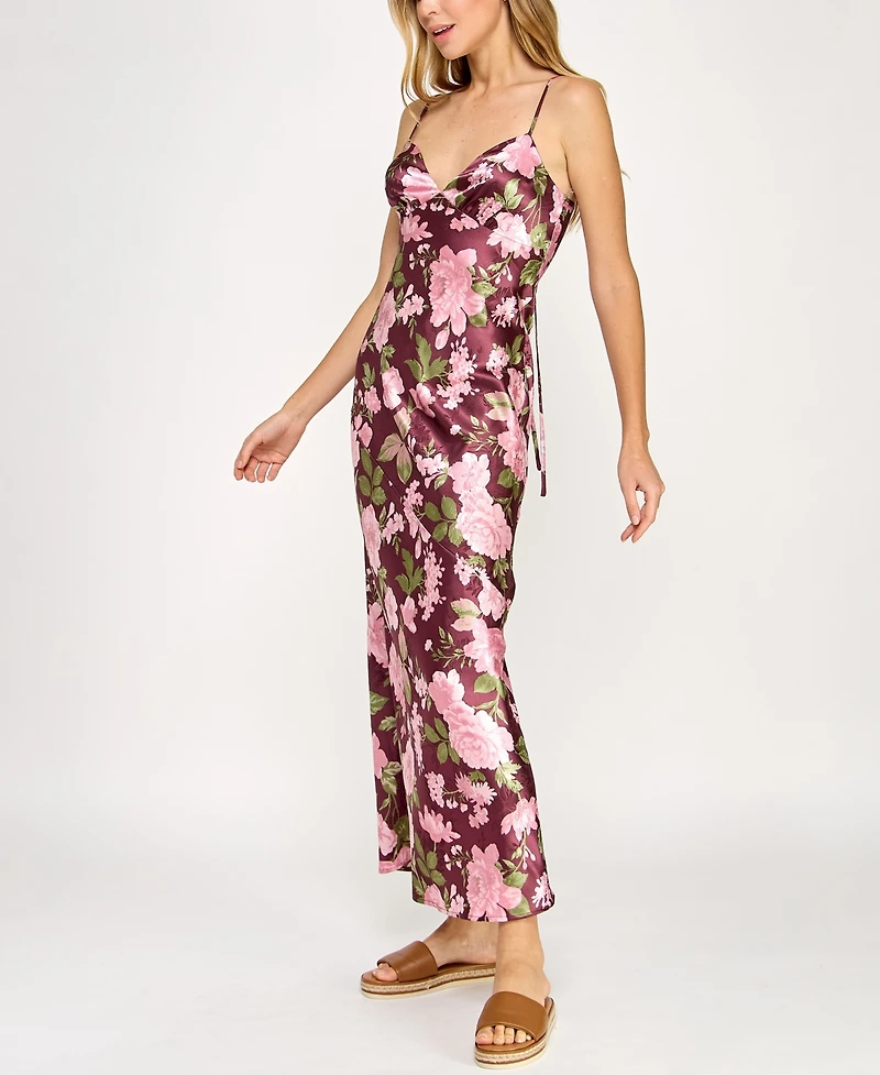 Beauty & Grace/K&K Clothing Llc Juniors' Floral Printed Satin Maxi Dress