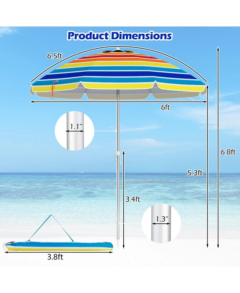 Gymax 6.5 Ft Beach Umbrella UPF50+ Sun Protection Portable Sunshade Parasol for Sand