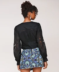 Avec Les Filles Women's Cotton Pintuck Lace-Trim Button-Front Blouse